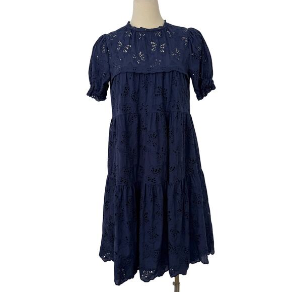 Kate Spade Butterfly Eyelet Tiered Dress Navy Blue L - Picture 1 of 12